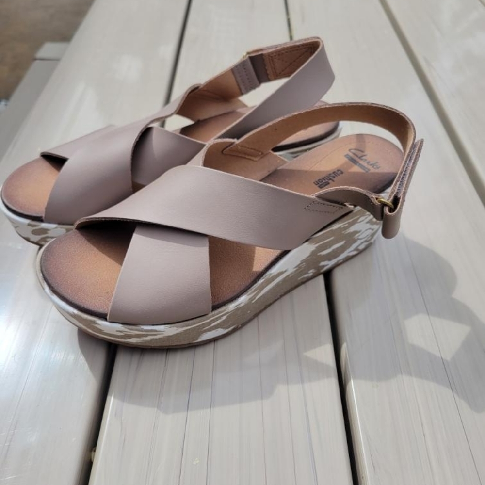 COPY - Clark's tan wedges with design.